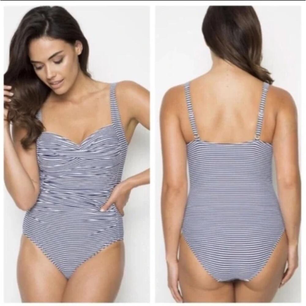 Nip Tuck Swim Blue Sorrento Stripe Joanne Tummy Control One Piece Swimsuit Sz 10
